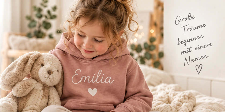 Kind mit personalisiertem Hoodie in einer warmen, liebevollen Umgebung